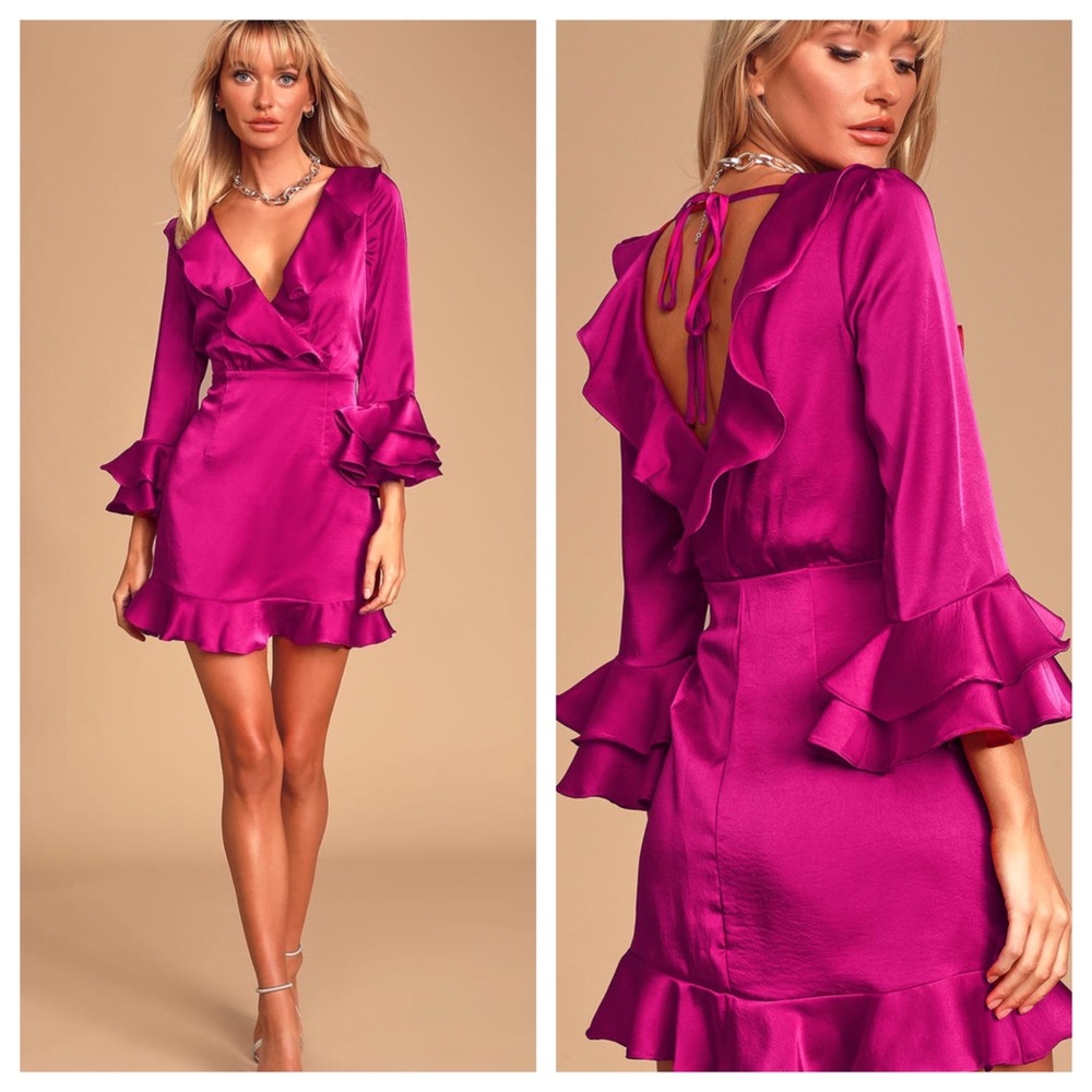 Lulu’s Magenta Open Back Ruffled Mini Dress NEW M